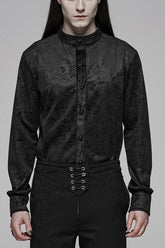 Chemise gothique noire pour homme à col montant, manches longues et boutons en pierre précieuse à l'avant